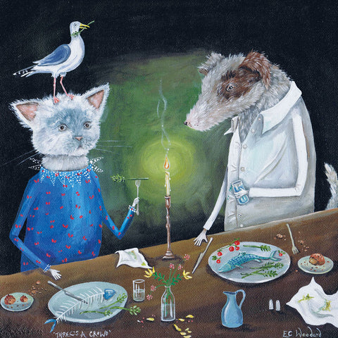 Art greeting card by E C Woodard, Cat and dog having fish for dinner by candlelight, seagull on top of cat's head