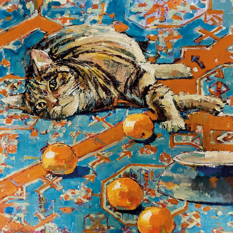 Art Greeting Card by Howard Milton, Tabby cat on the carpet with upturned bowl and oranges