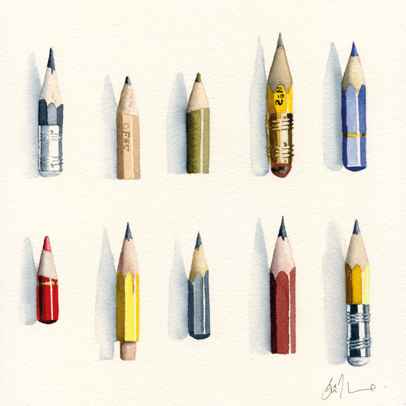 Art Greeting Card by Sian Thomas, Ten different short, well-used pencils on white surface