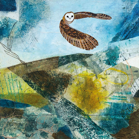 Art Greeting Card by Jane Wilson, Mixed media painting of a flying barn owl over abstract fields