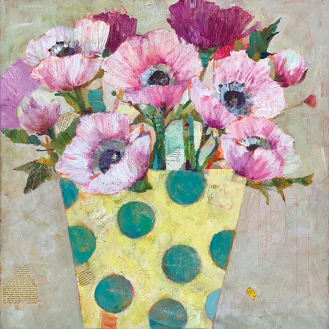 Art Greeting Card by Sally-Anne Fitter, Pink and purple anemones in a cream pot with blue spots