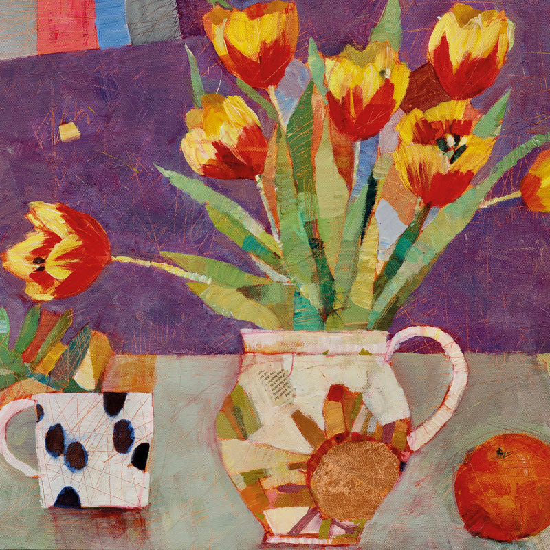 Art Greeting Card by Sally-Anne Fitter, Yellow and orange tulips in jug