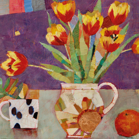Art Greeting Card by Sally-Anne Fitter, Yellow and orange tulips in jug