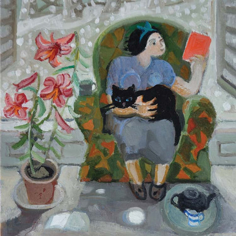 Fine Art Greeting Card, Oil on Board, A lady reading in an armchair with a cat on her lap