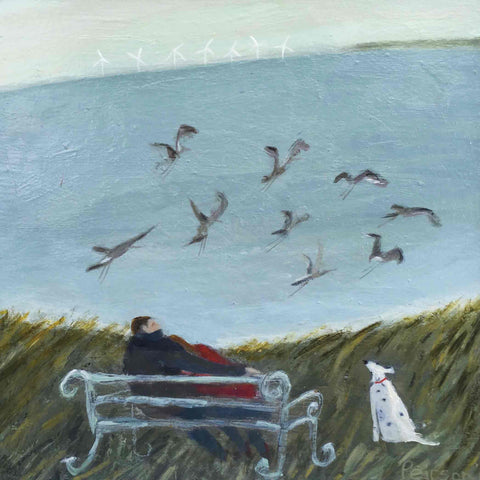Fine Art Greeting Card by Barbara Peirson, Acrylic on Board, Couple on bench with dog and seagulls by the sea