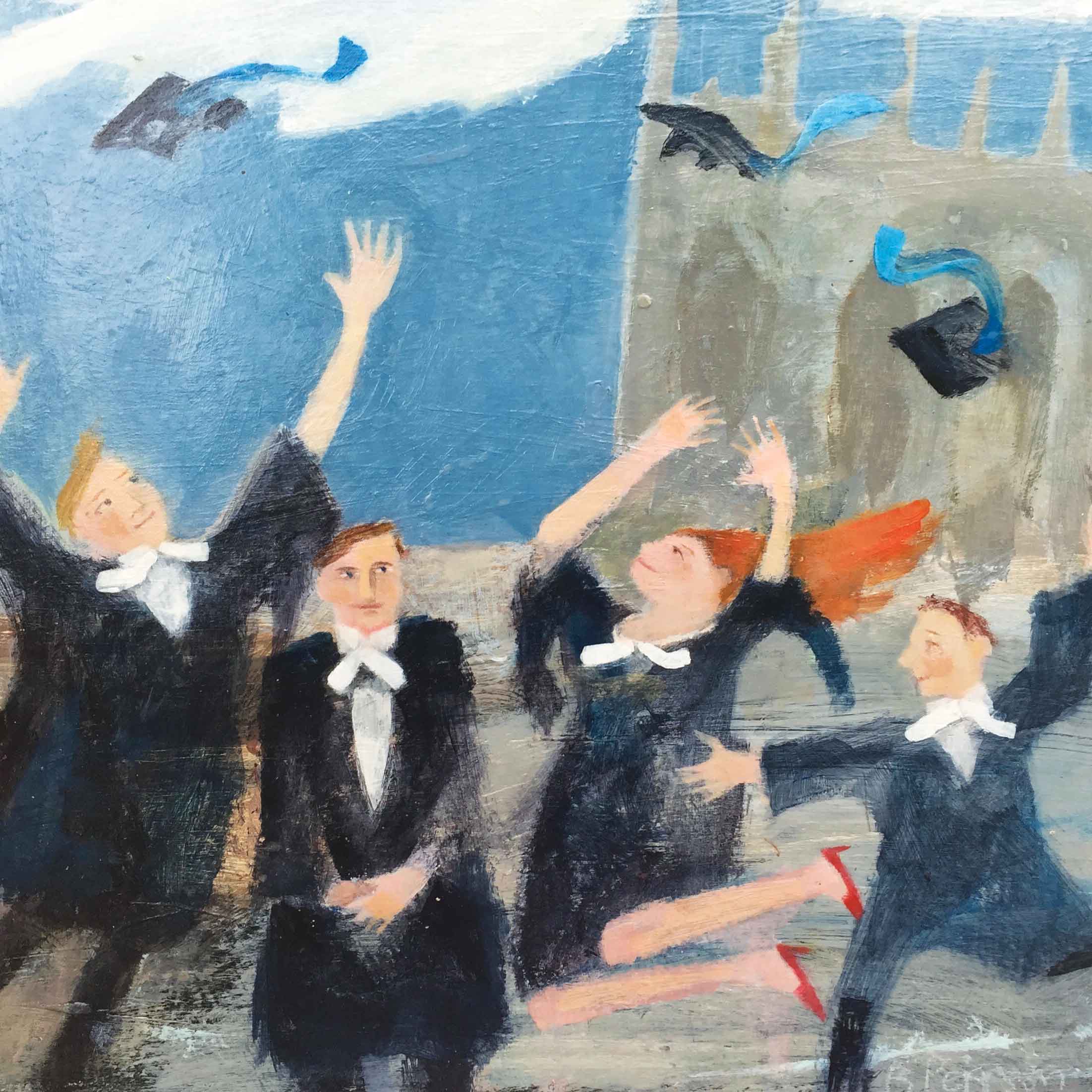 Art greeting card by Barbara Peirson, acrylic, graduates throwing hats in the air