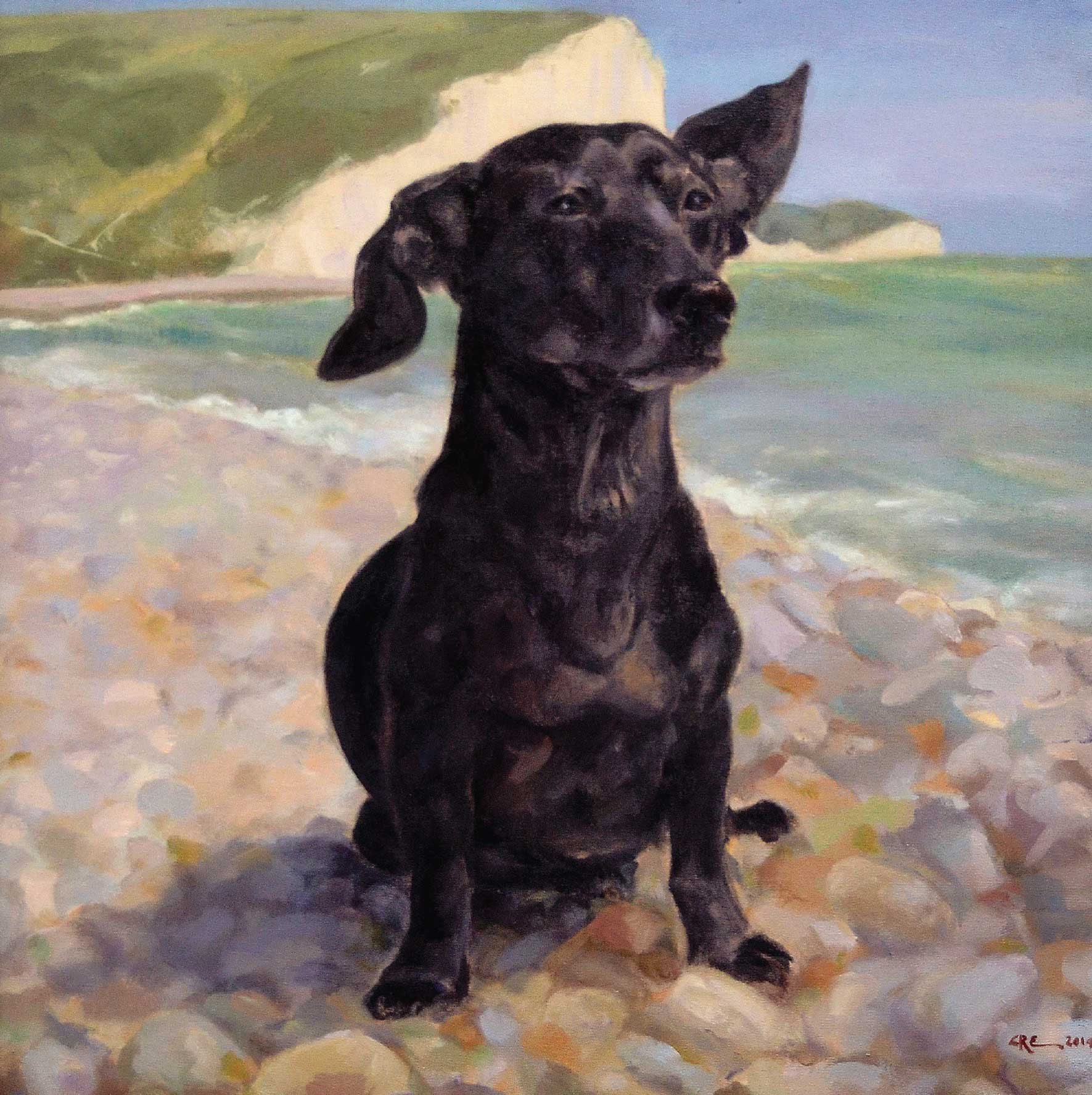 Patrick by Claire Eastgate, Fine Art Greeting Card, Oil on Linen, Dog on pebbly beach
