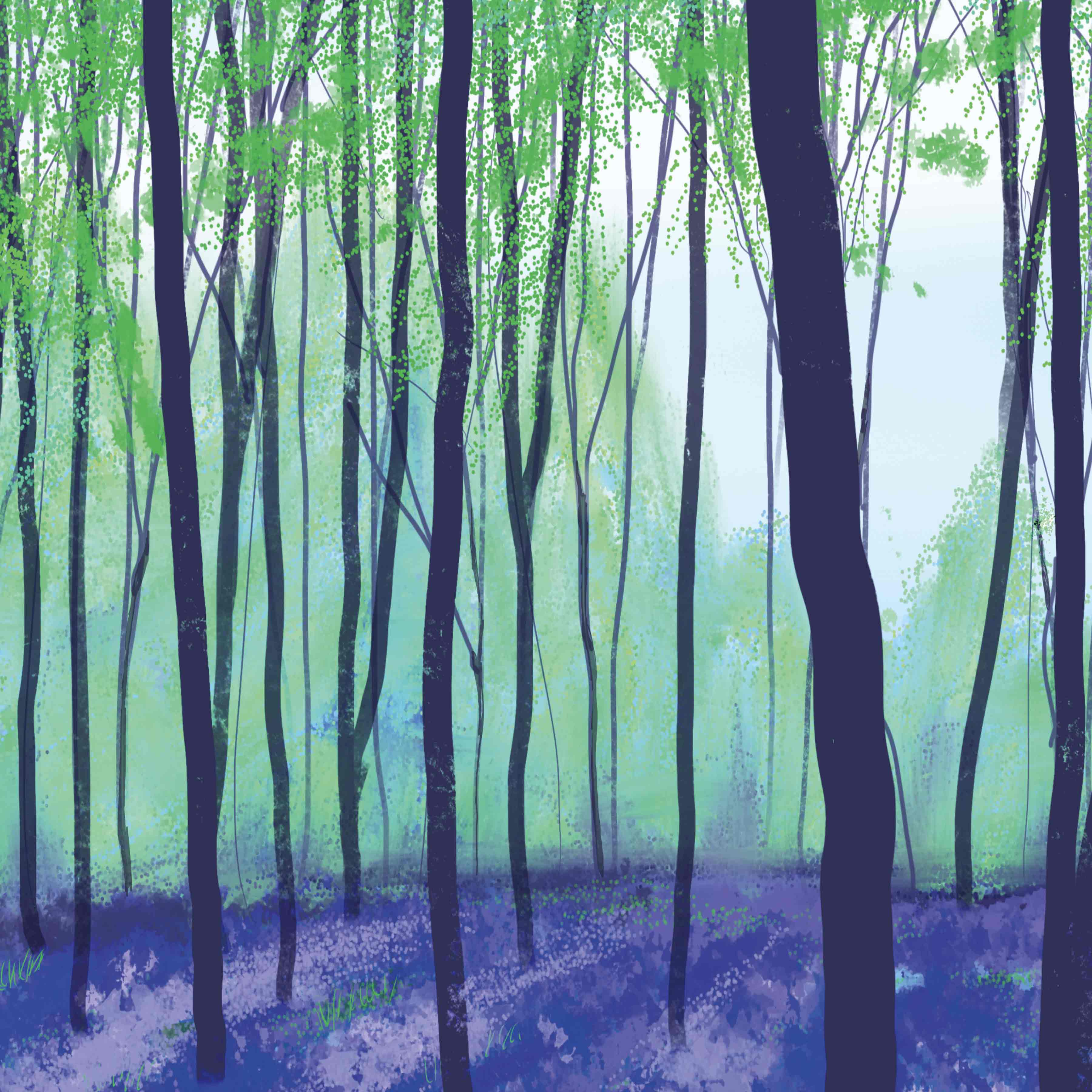 Art Greeting Card by Carla Vize-Martin, Bluebell Wood, Digital Painting, A bluebell wood