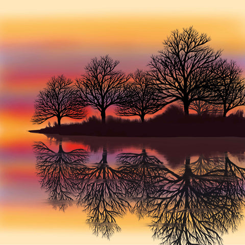 Art greeting card by Carla Vize-Martin, River Sunset, digital painting of sunset and trees