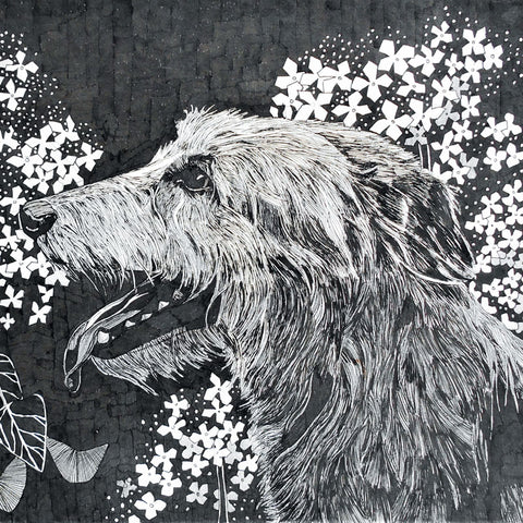Art greeting card, ink drawing of a dog with hydrangea flowers behind.
