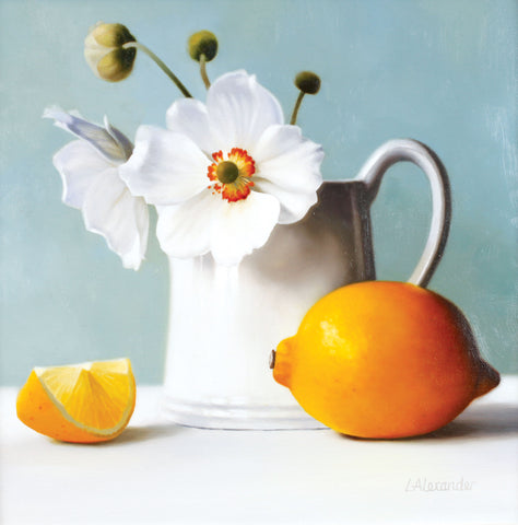 Still Life with Anemones by Linda Alexander, Prize winner, Fine Art Greeting Card, Still life with jug of anemones and lemon
