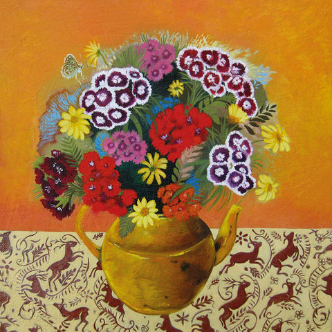 Art Greeting Card by Lesley McLaren, Sweet Williams in a Yellow Teapot, Oil on Gesso, Teapot with flowers