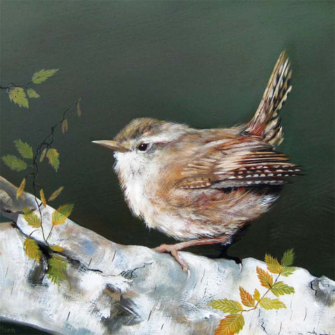 Fine Art Greeting Card, Oil on Gesso Panel, Wren on a branch