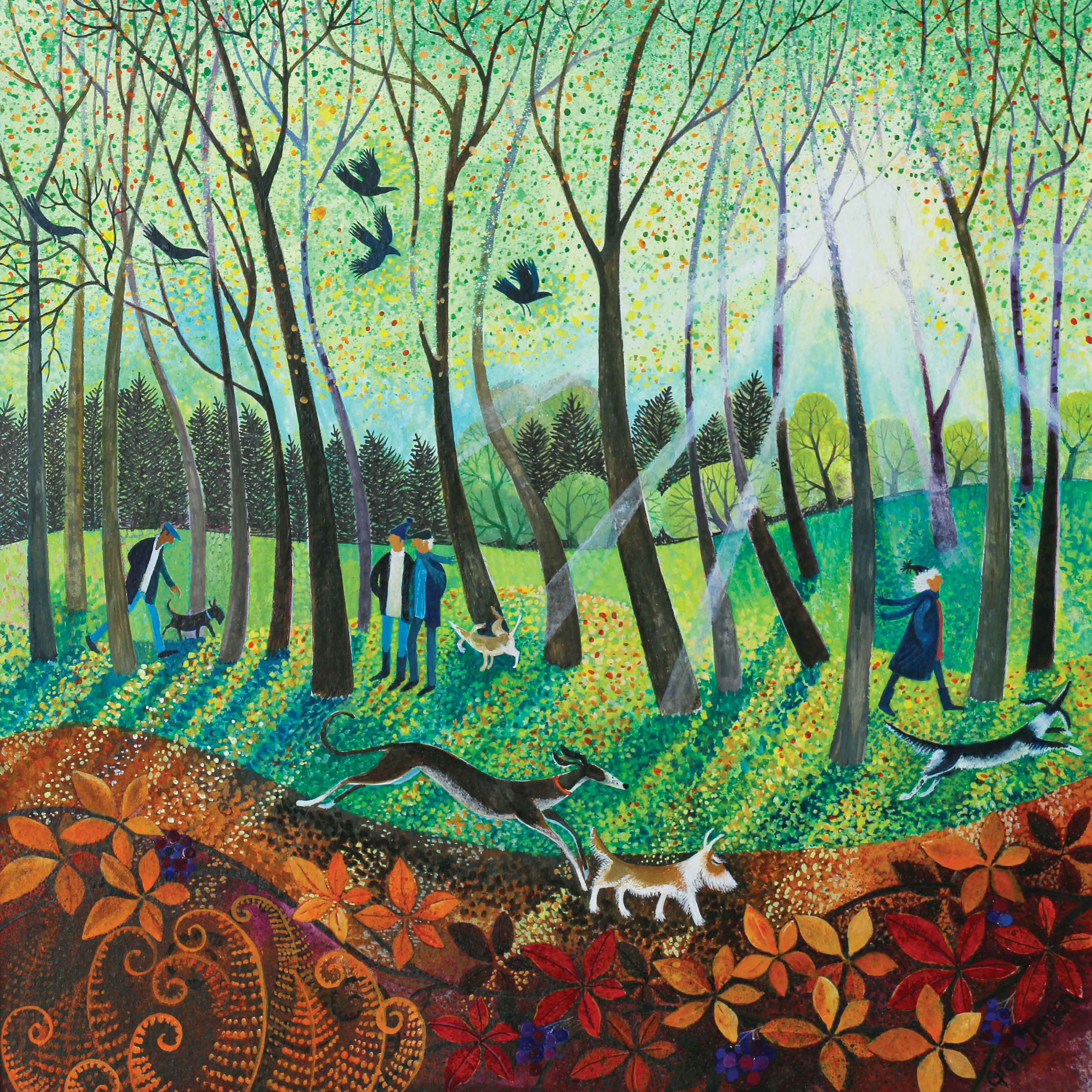 Art greeting card by Lisa Graa Jensen, Morning Rays, acrylic inks, people walking dogs in park with sun rays through trees
