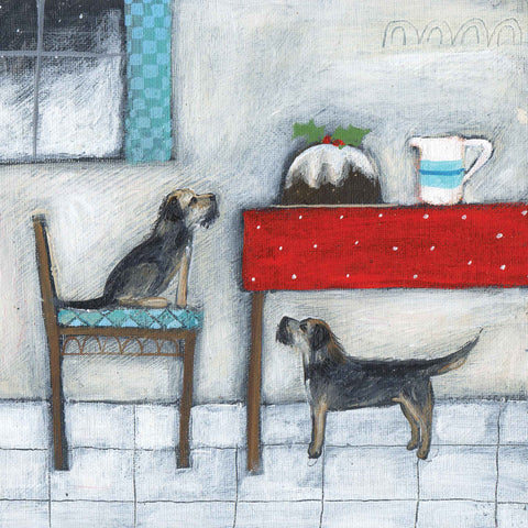 Christmas card pack by Louise Rawlings, The Splendid Pudding, acrylic and gouache, two border terriers watching a big Christmas pudding