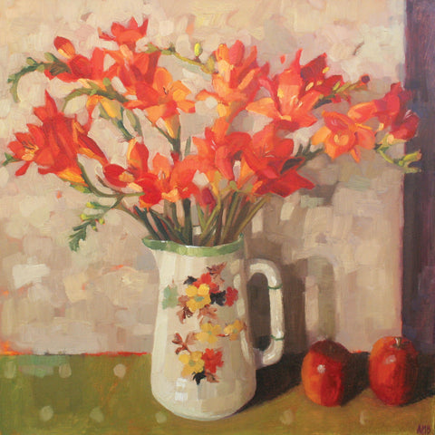 Freesias by Anne-Marie Butlin, Fine Art Greeting Card, Oil on Canvas, Orange freesias in jug and apples