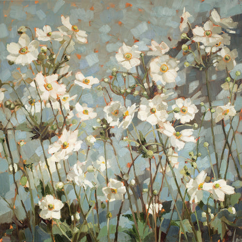 Late Summer Garden by Anne-Marie Butlin, Fine Art Greeting Card, Oil on Canvas, Japanese anemones growing