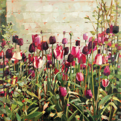 Art Greeting Card by Anne-Marie Butlin, Oilpainting, Tulips in the garden