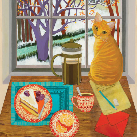 A Welcome Visitor by Melissa Launay, Fine Art Greeting Card, Gouache on Paper, Cat on table watching birds outside the window