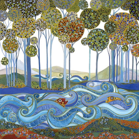 The Lake by Melissa Launay, Fine Art Greeting Card, Acrylic on Paper, A lake with fish and trees in the background