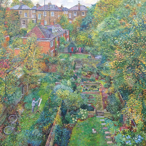 Art greeting card by Melissa Scott-Miller, oilpainting, View of backgardens with artist painting