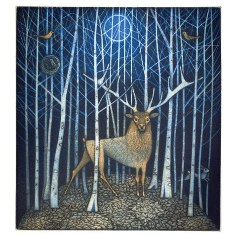 Art Greeting Card, Stag in the wood in moonlight