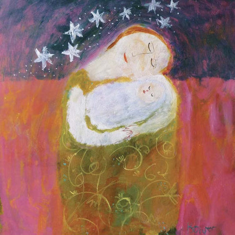 New Baby by Susan Bower, Fine Art Greeting Card, Oil on Board, Mother holding baby and stars in night sky