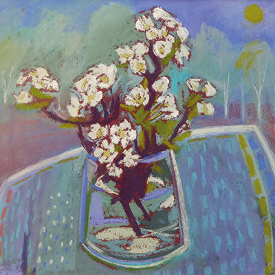 Art Greeting Card by Sue Campion, Pear Blossom, Pastel, pear blossom in vase