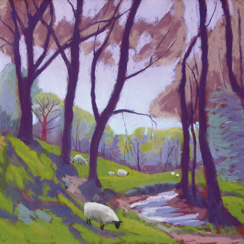 Art greeting card by Sue Campion. A country scene with sheep grazing in the woods.