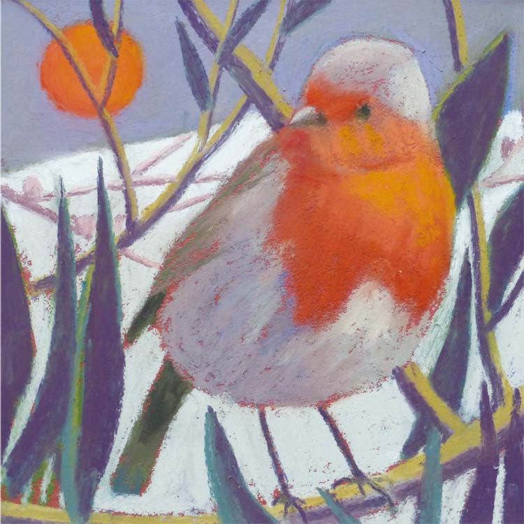 Fine Art Greeting Card, Pastel, Birds, Robin and Moon