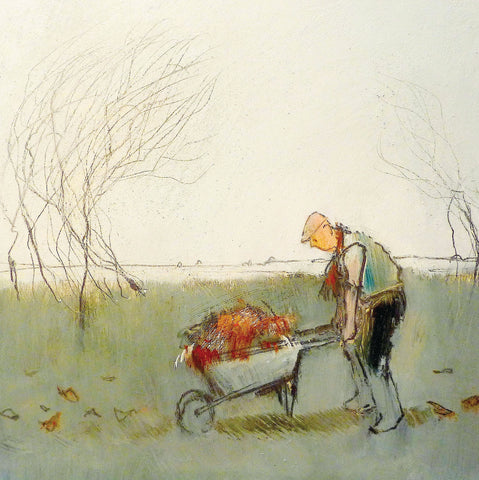 The Gardener by Tom Homewood, Fine Art Greeting Card, Oil on Panel, Man pushing wheel barrow with autumn leaves