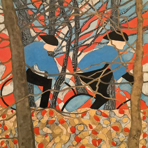 Art Greeting Card by Tracy Reeves, Mixed media painting of two cyclists in the woods