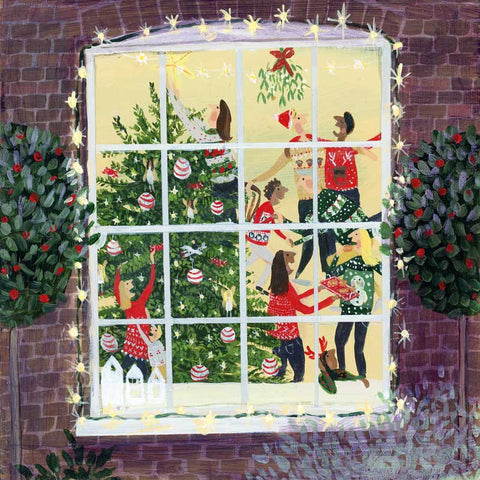 Fine Art Christmas Card by Jenni Murphy, Acrylic painting of view through window of family decorating tree