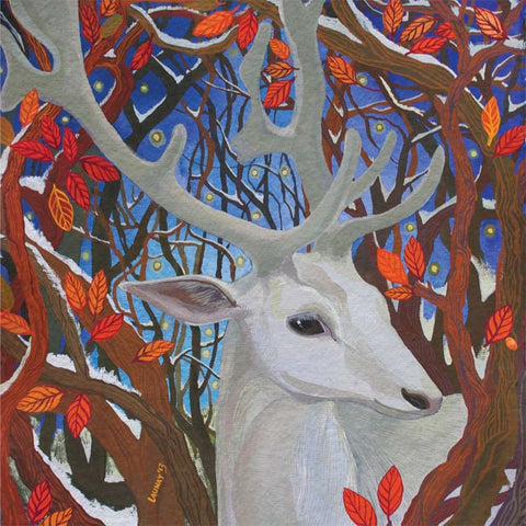 Fine Art Greeting Card, Gouache on Paper, A white stag in the woods