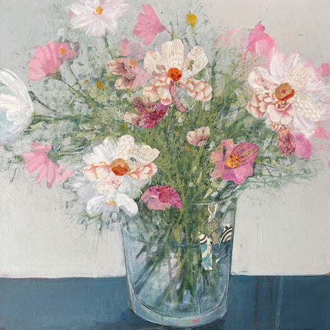 Art Greeting Card by Anna Perlin, Pink cosmos flowers in glass vase, mixed media painting