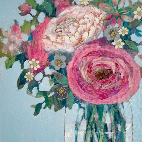 Art Greeting Card by Anna Perlin, Pink ranunculus flowers in glass vase, mixed media painting