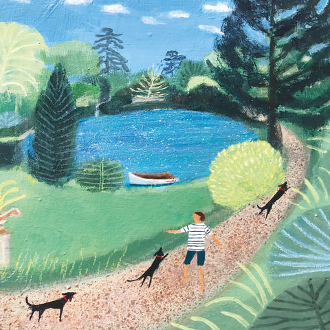 Art Greeting Card by Barbara Peirson, A boy and three dachshunds walking towards a boat on a lake