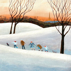 Art Greeting Card by Barbara Peirson, Family with dog and sled walking up snowy hill