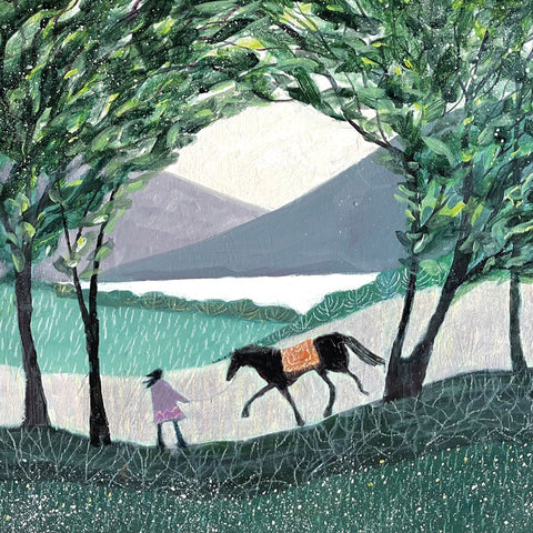 Girl with a black horse beneath the trees. Art greeting card by Barbara Peirson.
