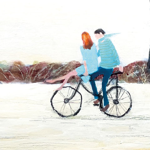 Art greeting card by Barbara Peirson. A couple on a bicycle, both wearing blue with a wintery background.