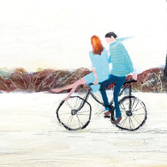 Art greeting card by Barbara Peirson. A couple on a bicycle, both wearing blue with a wintery background.