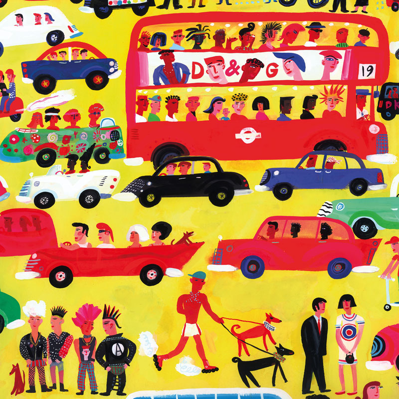 Art greeting card by Cristopher Corr. A red london bus full of people, surrounded by cars and some pedestrians walking dogs. Colourful painting with yellow background.