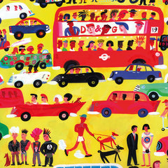 Art greeting card by Cristopher Corr. A red london bus full of people, surrounded by cars and some pedestrians walking dogs. Colourful painting with yellow background.