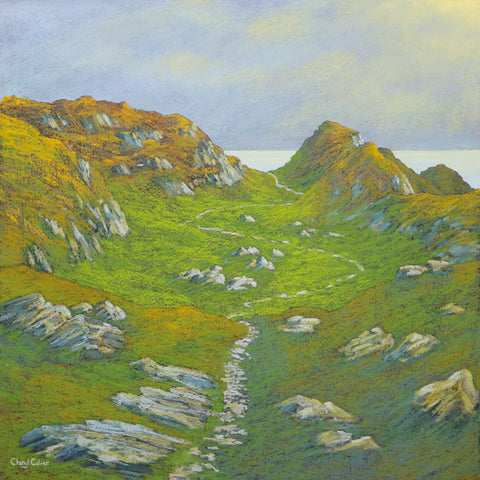 Art greeting card by Cheryl Culver. A green, rocky cliff top with a view of the sea.