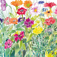Art greeting card by Celia Lewis. Watercolour painting of colourful garden flowers.