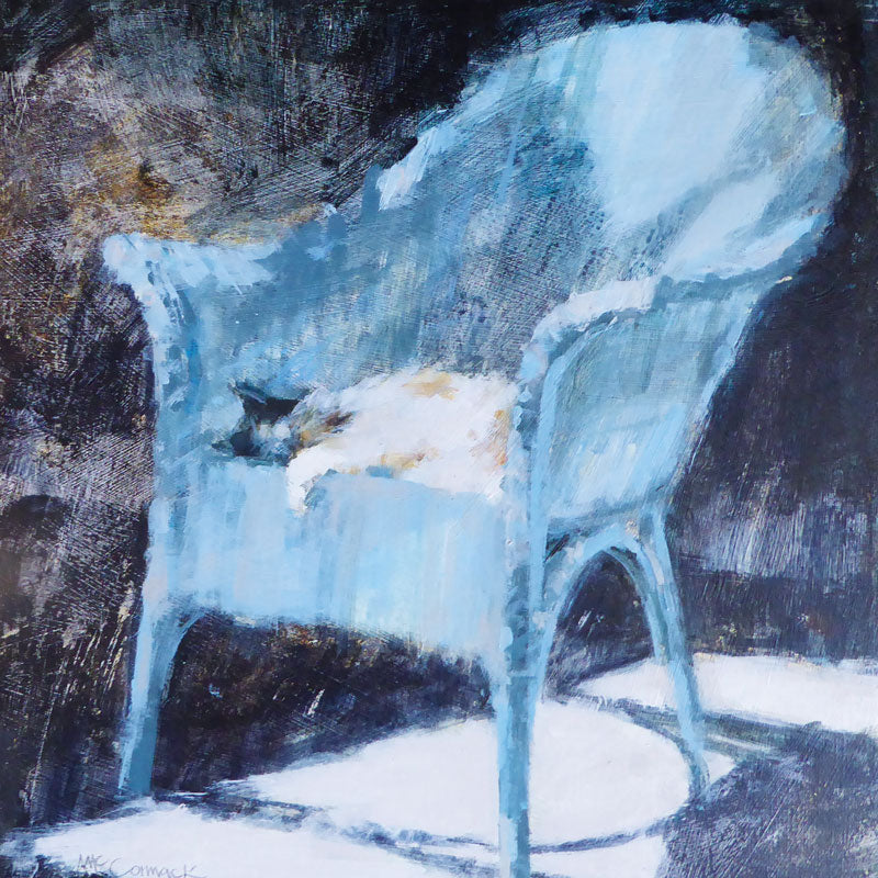 Art greeting card by Anne McCormack RI. Black and white cat sleeping on a blue chair.