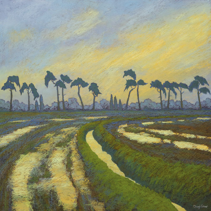 Art Greeting Card by Cheryl Culver, Flooded field with ditch and tall trees in the background