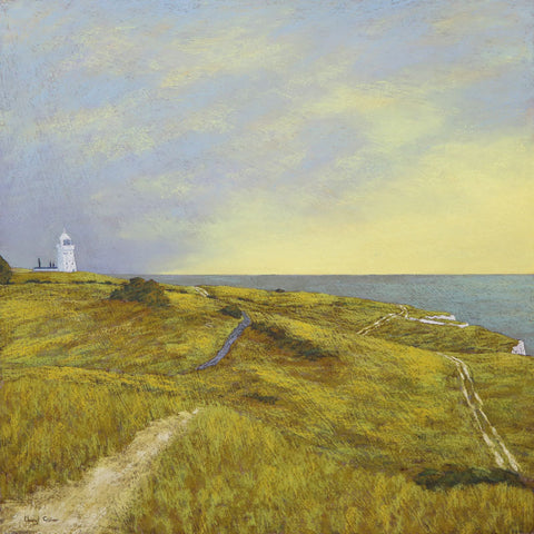 Art Greeting Card by Cheryl Culver, Path over cliff leading to lighthouse, light over calm sea 