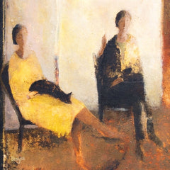 Art greeting card by David Brayne. Soft painting of two women sitting on chairs, one is wearing a yellow dress and has a black cat asleep on her lap.