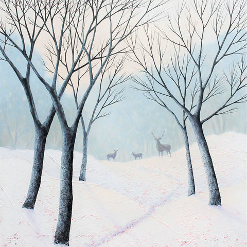 Art greeting card by Deborah Burrow. Three Deer in the snow with trees.